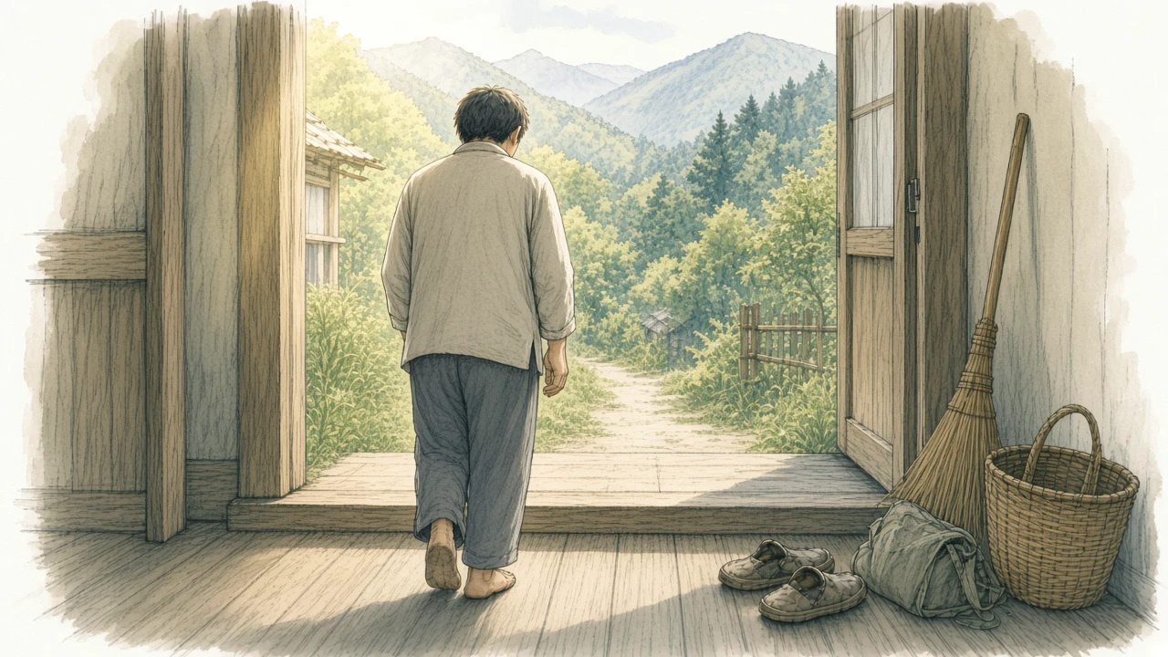 村の暮らしを描いたイラスト。家の戸口から山を望む。